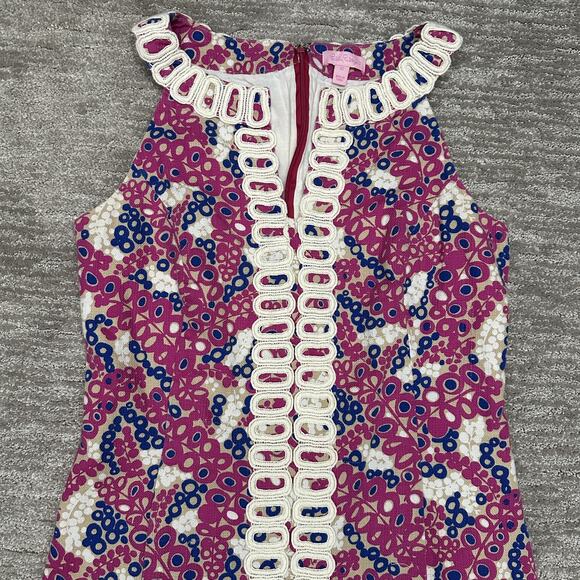 Lilly Pulitzer Dress Womens 12 Pink Blue Shift Sleeveless Lace Trim Printed - Picture 2 of 15